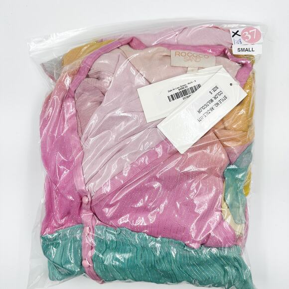 ROCOCO SAND Zale Metallic Pastel High-Low Rainbow Maxi Dress Swim Cover Up XS - Picture 6 of 7